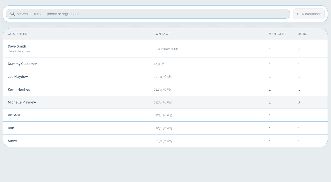 Workshop Buddy customer records screenshot