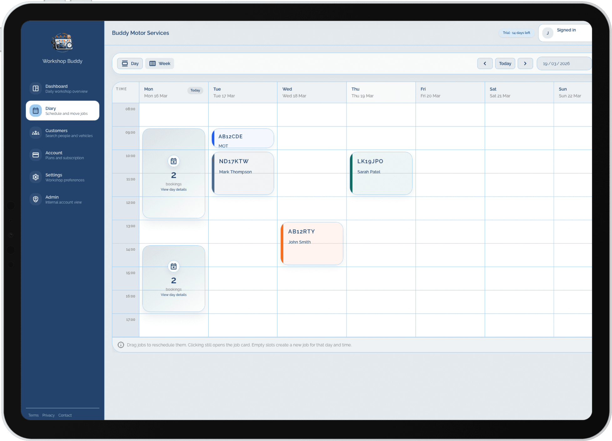 Workshop Buddy garage booking diary software screenshot